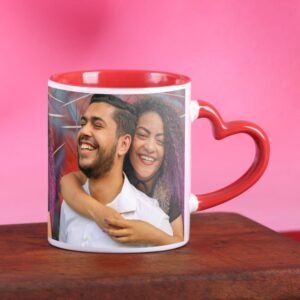 Red heart handle mug with custom photo print