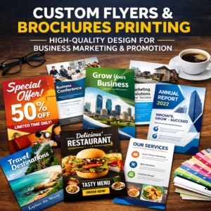 Custom flyers and brochures printing with high-quality design for business marketing and promotion