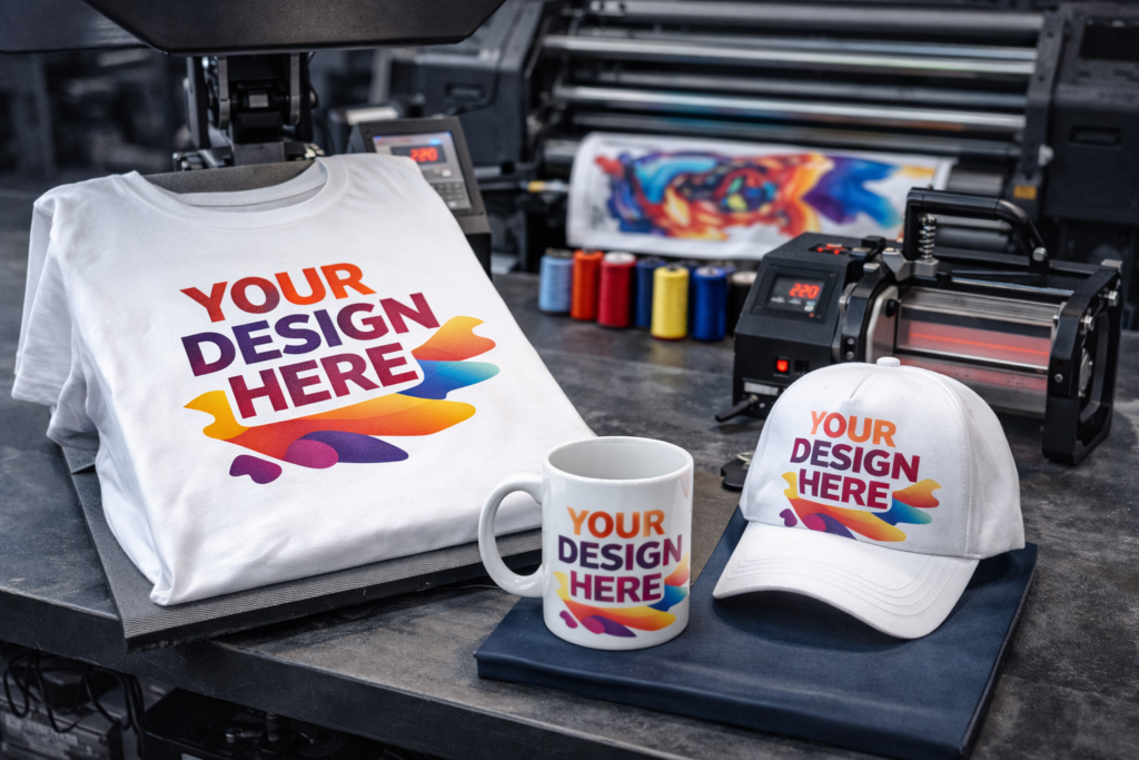 Digital printing on apparel and promotional items like mugs and caps.