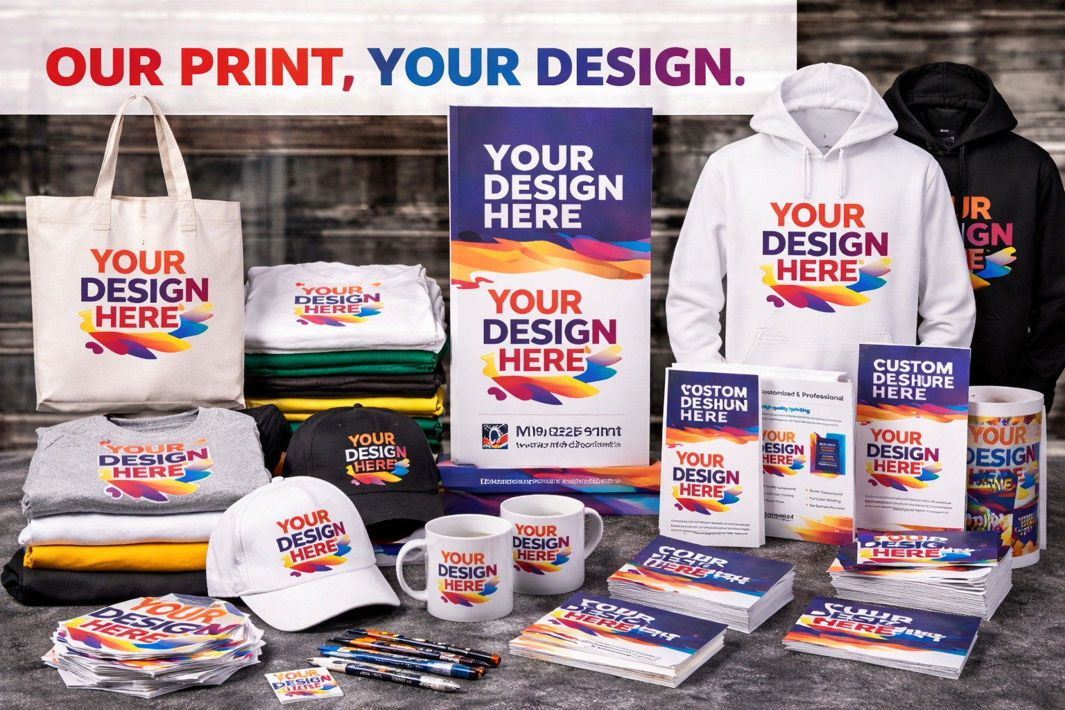 Professional printing services including business cards, brochures, flyers, banners, stickers, and mugs with high-quality finish.